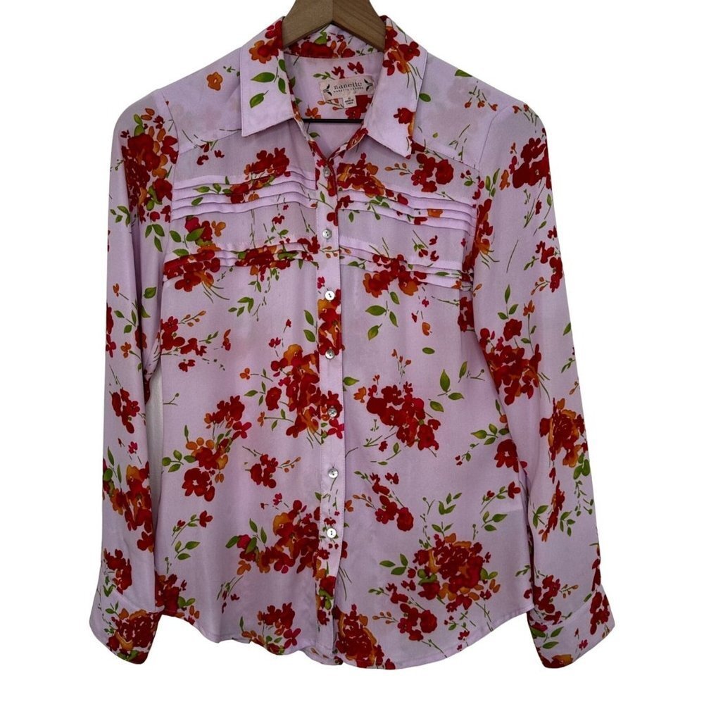 Nanette Lepore Button Up Blouse Women XS Lavender Floral Pin Tuck Long Sleeve